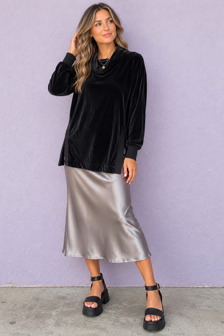 Te Verde Velour Cowl Neck Top Small Black Soft Stretch Cozy
